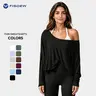 Fisoew Women's Off-Shoulder Batwing Sleeve Blouse - Oversized Stretchy Asymmetric Hem Top, Casual Outdoor Women's Clothes for Gym, Asymmetric Hem Tops,sohochic