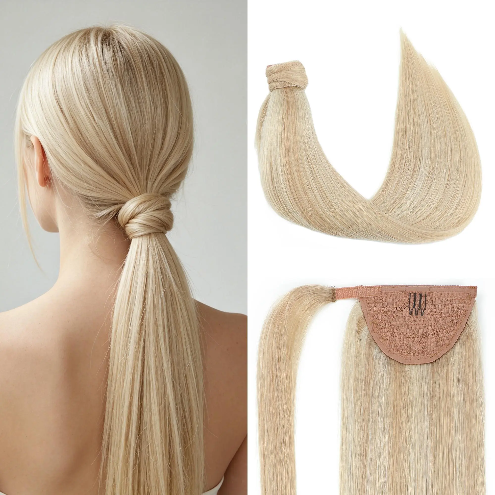 Pinkpearl Ponytail Extension Human Hair, Real Hair Ponytail Extension Straight with Wrap Around Magic Paste Remy Human Hair