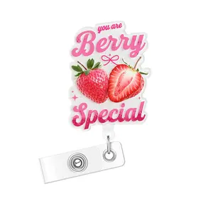 Cute Strawberry Badge Reel with Expandable Clip, Includes ID Holder, Perfect Nurse Work Accessories, Fun Rn Badge Roll with Belt Clip