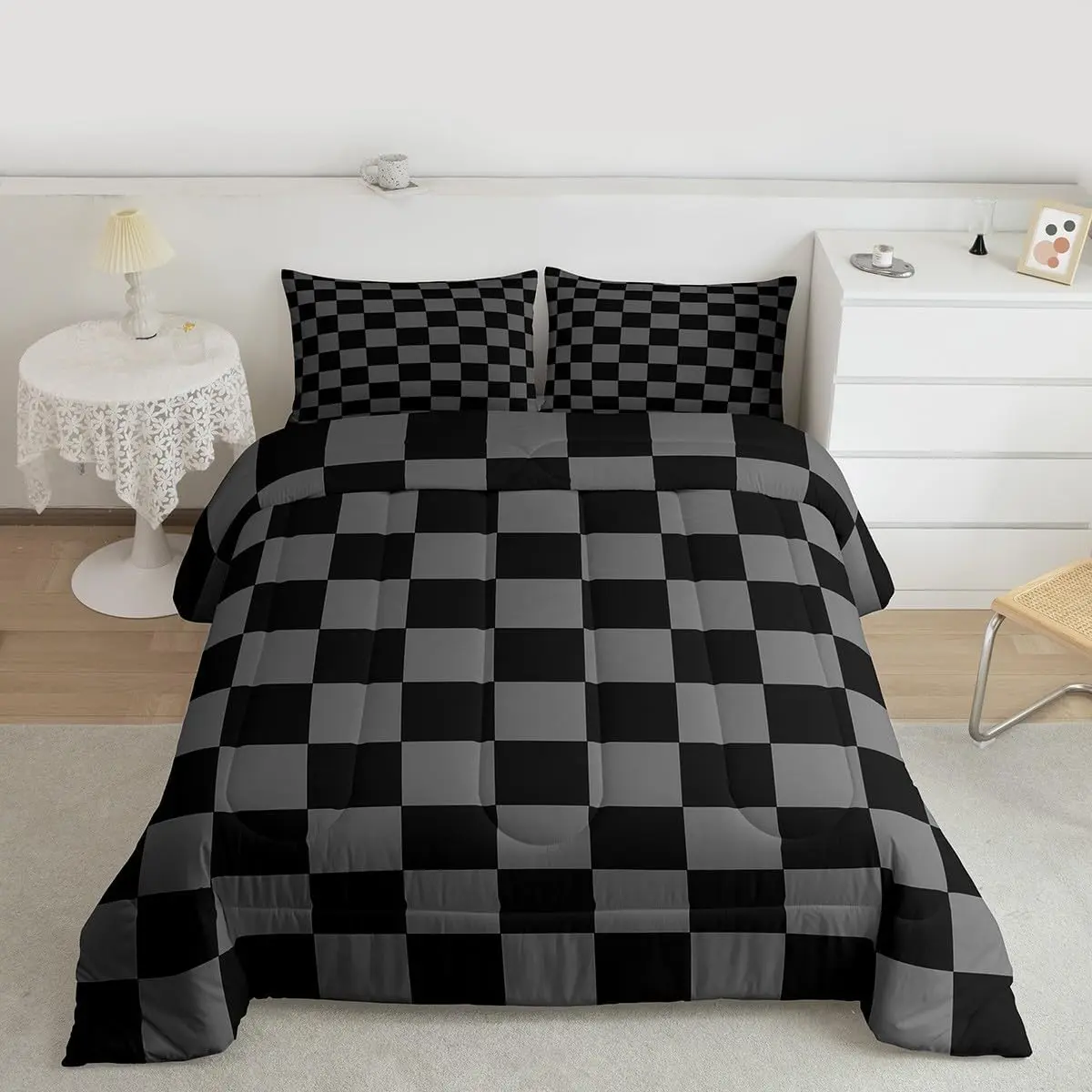 Checkered Retro Comforter Set All Season Black Grey Plaid Bedding Set 1 Geometric Vintage Bedclothes Modern Simple Groovy Aesthetic Bedroom Decor Duvet Quilt