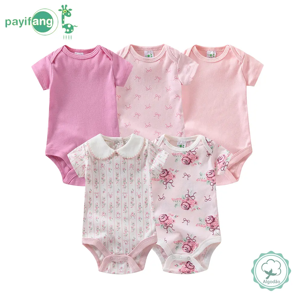 5 sets of baby girls' triangular one-piece outfits, baby cotton short-sleeved onesies, elegant style for baby girls with flowers, essential clothing items, Short Sleeves, Floral Print