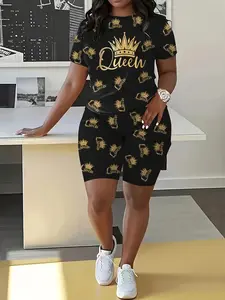 Women's Crown Queen Element Spring Summer Casual Round Neck Short Sleeve Shorts Set, Plaid Pattern, Fitted Style, Two Piece Suit, Casual Lounge Set