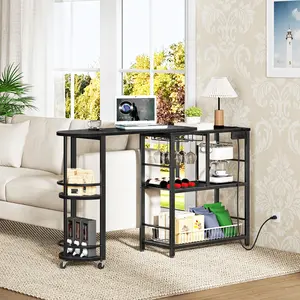HOOBRO L-Shaped Bar Table, Home Bar Unit with Charging Station, 3-Tier Shelves with Wine Rack, 360° Extendable Bar Table on Wheels, Corner Mini Coffee Cabinet, for Pub, Kitchen, Black #SummerVibes