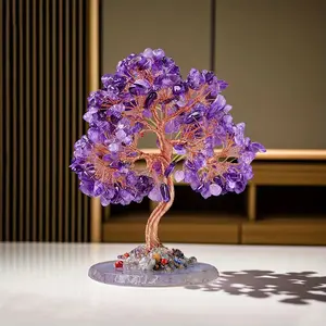 Fashion Hand Polished Colorful Agate Slices Round Base Purple Crystal Tree Ornament Crystal Gravel Leaf Tree Creative Craft Decoration Halloween/Christmas/Thanksgiving Gift home room