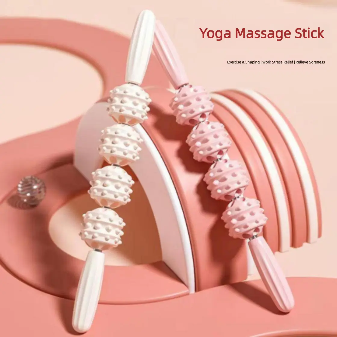 Pink Muscle Massage Roller Stick - Deep Tissue Trigger Point Therapy Tool | Easy-grip handles and a flexible rod allow for controlled pressure on legs, arms, back, and neck.