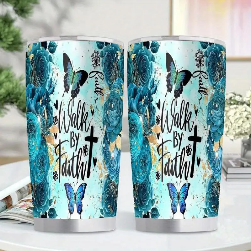 20oz Insulated Stainless Steel Faith Flask - 1pc Leakproof Walk By Faith Water Bottle with Turquoise Blue Rose, Butterfly, Cross, Verse Design, Lid, Gift for Mom, Church Events, Flasks