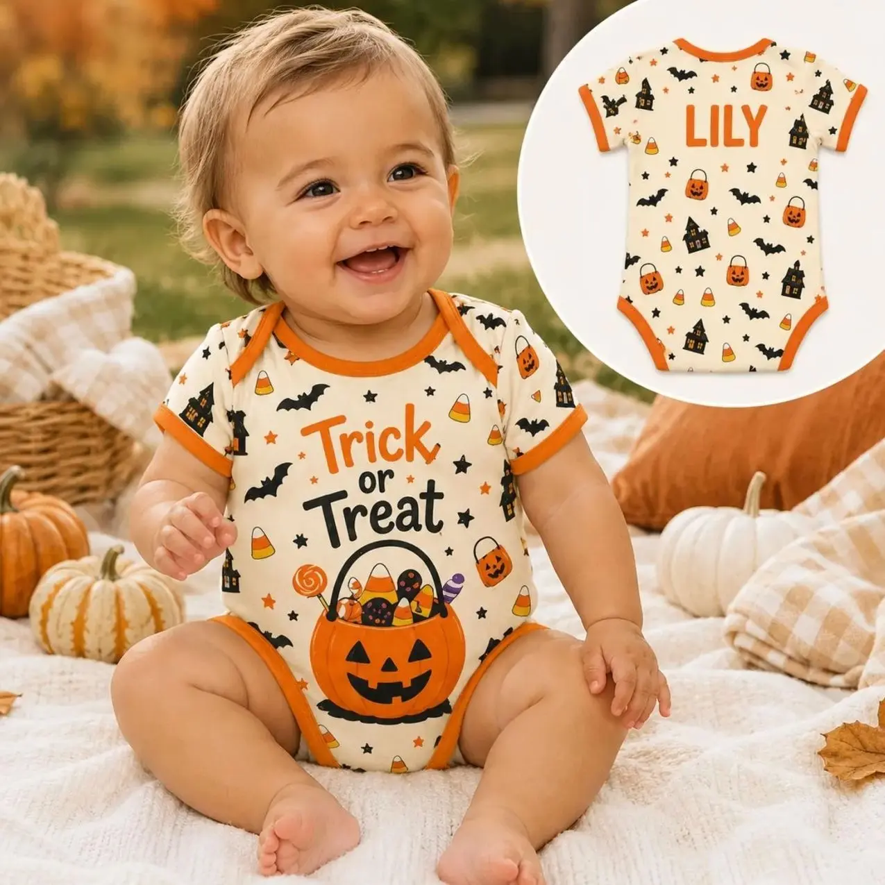 Personalized Trick or Treat Baby Bodysuit, Personalized Halloween Onesie, Custom Name Pumpkin Candy Outfit, Cute Newborn Halloween Gift LNV