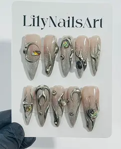 Hand-Painted Gothic Fake Nails | Free Style Metallic Silver on Nude Press-On Nails Goth | Y2K Emo Chrome Nails | Unique Handmade Nail Art Satamiis
