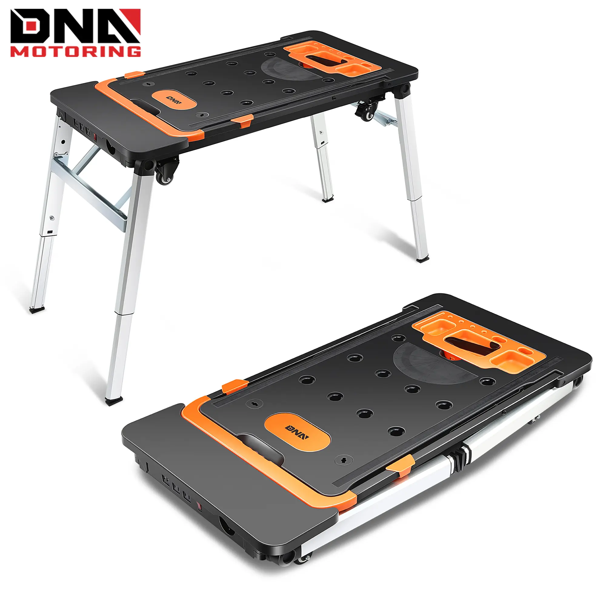 DNA MOTORING 7 In 1 Compact Heavy Duty Folding Portable Work Table - Space-Saving, 4 Wheels, Black, Garage/Basement/Workshop Use - Functions as Dolly, Car Creeper, Saw Horses, Scaffold, Hand Truck, DIY Platform
