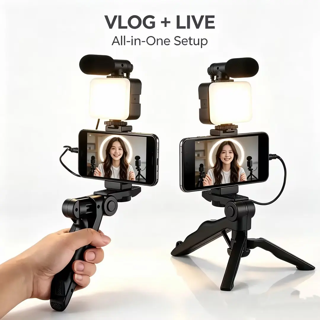 Lightweight Portable Mobile Phone Tripod Podcast Vlog Kit with LED Light Microphone for Live Streaming Vlogging Outdoor Recording and Selfies Smartphone Travel Accessories Cellphone