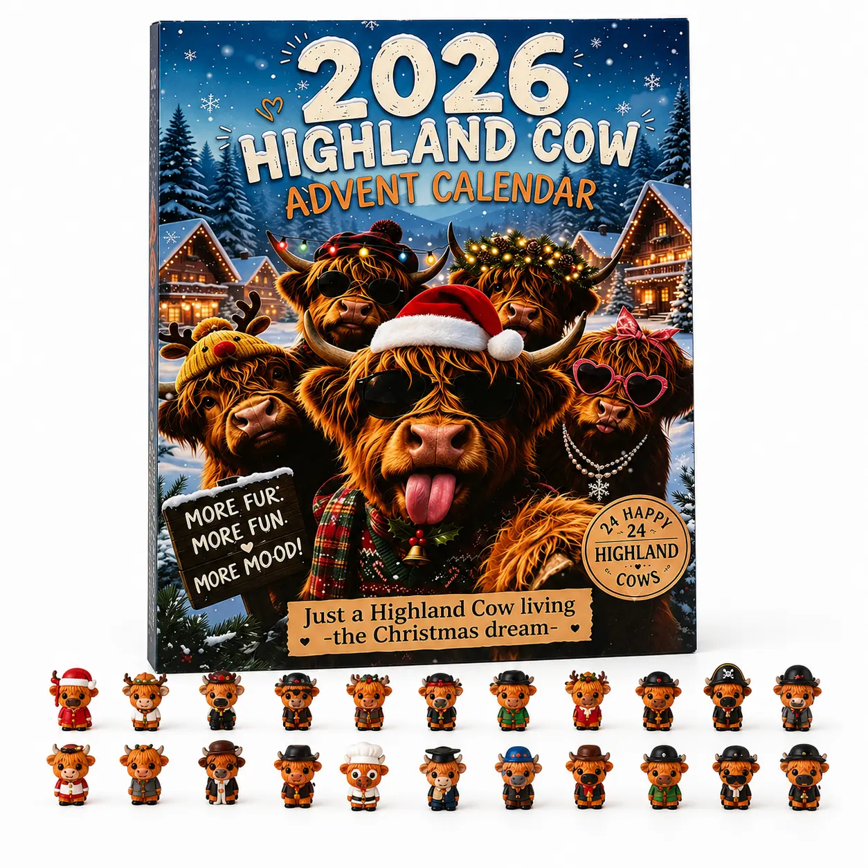 2026 Highland Cow Advent Calendar, 24 Days Christmas Countdown Surprise with Cute Mini Cow Figures, Fun Holiday Collectible Gift for Kids, Cow Lovers & Family
