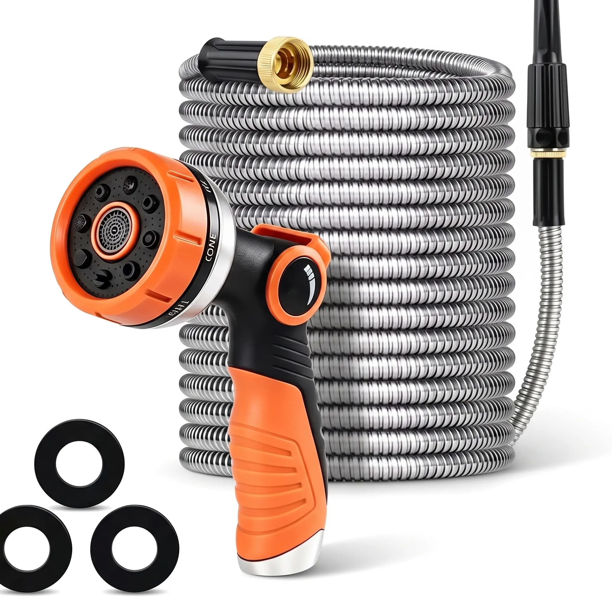 IRONFIX Heavy-Duty Rust-Resist Steel Garden Hose Jet (50ft/100ft) with 10-Functional High-Pressure Nozzle Watering Equipment, Anti-Kink, Lightweight, Flexible, Easy to Use & Store, Storage Box Included, 3/4 Connections on Both Sides for Yards
