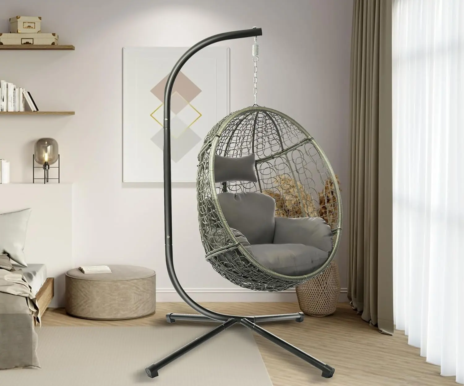 RIWENGO Hanging Wicker Egg Chair with Stand, Single Swing Chair with Cushions for Indoor and Outdoor Use, Supports Up to 350 lbs, Perfect for Patio, Garden, or Balcony