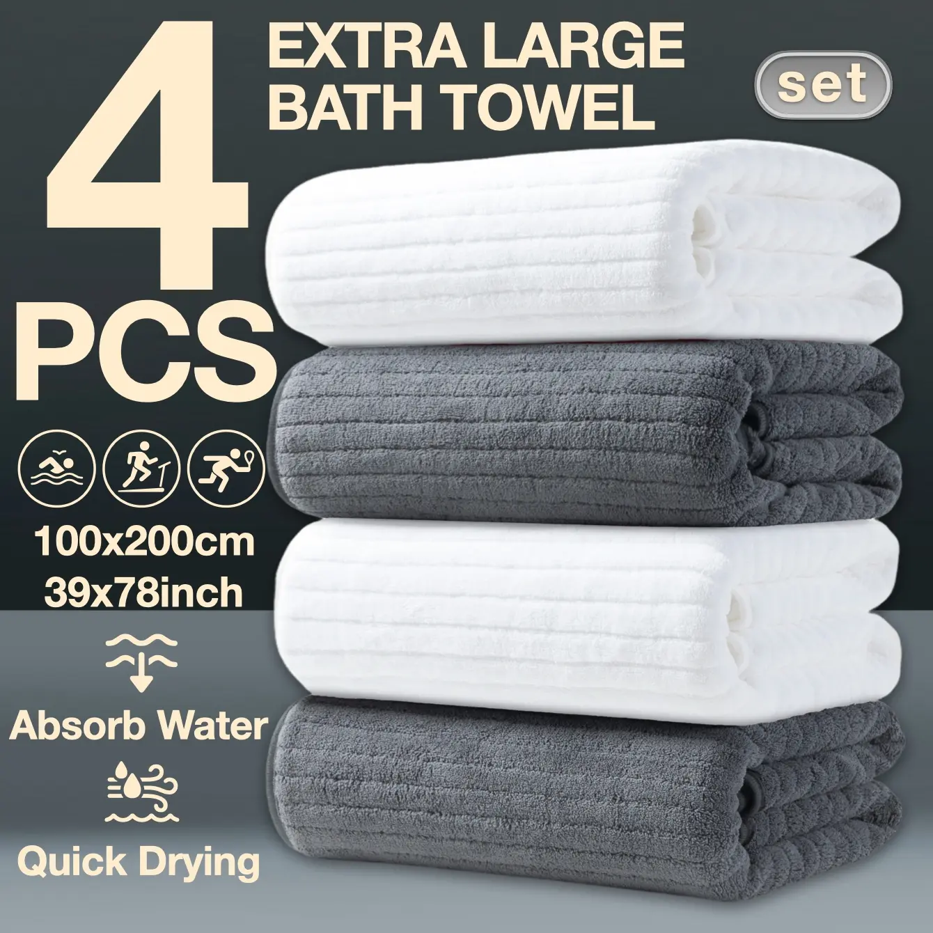 4-Piece Oversized Bath Towel Set, 100x200cm High-Quality Classic Striped Design, Multi-Color Options, Super Absorbent & Quick-Dry, Quick Drying Towel, Large Bath Towels, Bathroom Towels