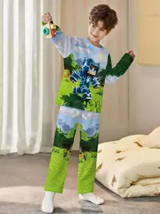 Green and Blue Pixel Adventure 2-piece Boys' Digital Print Long-sleeved Pajamas with Long Pants, Flame-retardant Fabric, Soft Polyester Material, comfortable and soft, suitable for sleeping and home leisure