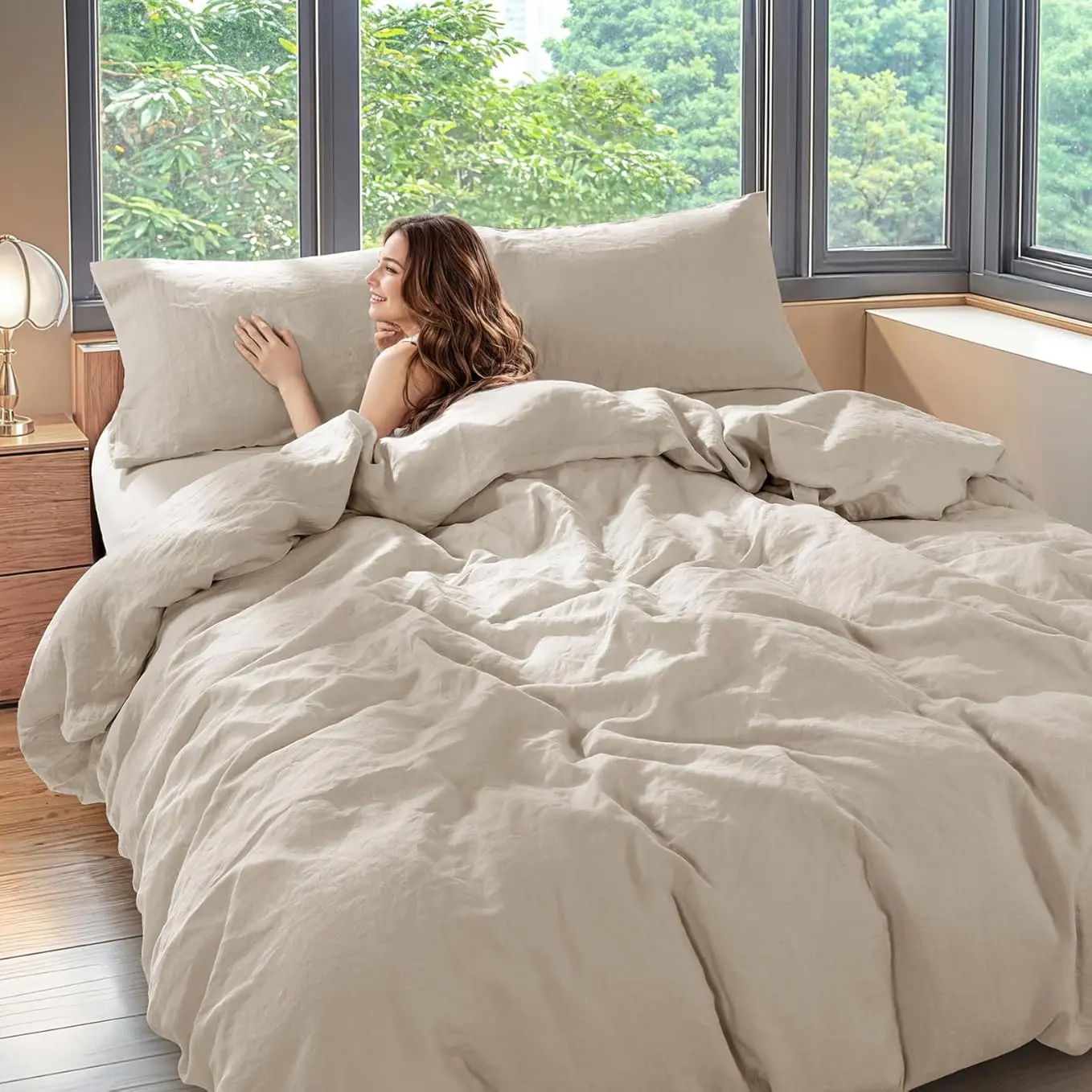 Shilucheng 3-Piece Luxury Pure Natural French Linen Duvet Cover Set, Breathable Comfortable Bedding with Zipper Closure & Corner Ties, Cooling Farmhouse Bed Cover, Bed Cover Set, Bedding Sets