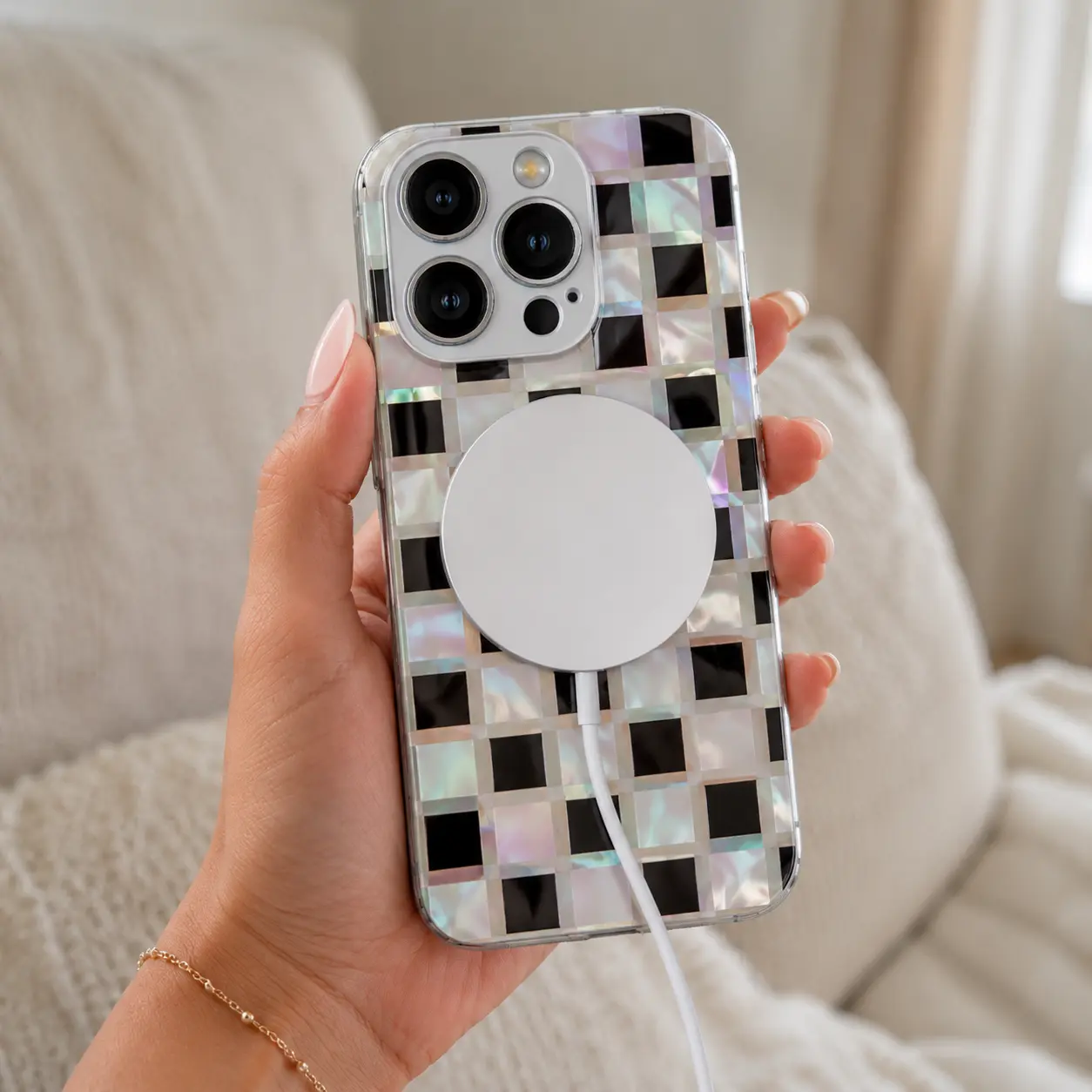 Mermaidcore Aesthetic Pearlescent Checkerboard Magnetic Glass Case for iPhone 17 16 15 14 13 12 11 Pro Max/Galaxy S26 S25 S24 S23, Glossy Shell MagSafe Cover ---975