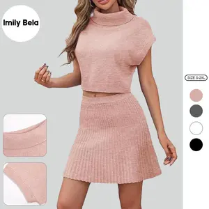 Imily Bela Womens Skirt 2 Piece Sets Sweater Set Turtleneck Cap Sleeve Crop Top and Pleated Mini Skirt Travel Outfits