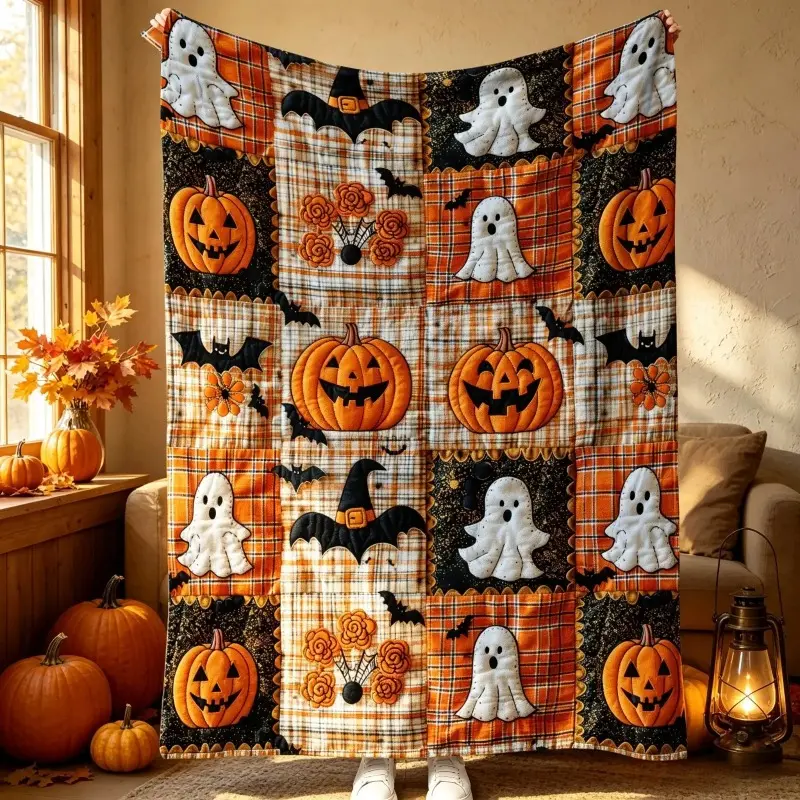TikTok Viral Halloween Patchwork Quilt Throw Blanket - Vintage Plaid, Cute Ghost, Pumpkin, Jack-o'-Lantern, Bat Patterns - Cozy Fall Spooky Decor for Sofa, Bed, Holiday Gift