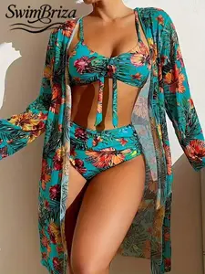 Briza｜Ruched Tie Front Tropical Floral Bikini Two-Piece Swimsuit With Swimsuit Cover Up For Women, High Waisted Bikini Sets And Bikini Sets For Vacation Swimwear For Women, Beach Resort Bathing Suit Women Set For Confident Summer