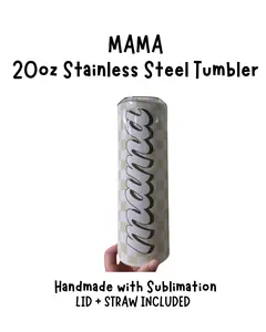 20oz Mama Tan Checkered Stainless Steel Tumbler - Stylish, Portable Kitchen Drinkware with Straw and Lid, Ideal Beverage Container for Coffee, Iced Tea, On-the-Go Use