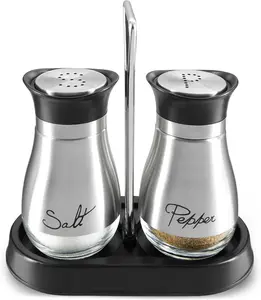 Refillable Stainless Steel Salt and Pepper Shakers Set with Holder and Clear Glass Bottles, 'S' and 'P' Caps for Table Decor (4oz) Kitchen  Utensils