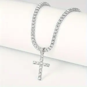 Elegant Tennis Chain Necklace with Sparkling Cross Pendant - Stainless Steel, Synthetic Cubic Zirconia, Perfect for Daily Wear, Everyday Jewelry|Minimalist Jewelry|Durable Jewelry