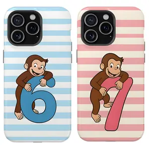 Trendy Curious George Number 6 & 7 Phone Case , Shockproof Rugged Cover Dual Layer Soft TPU Bumper Hard Shell Design for iPhone 11 12 13 14 15 16 17 Pro Max Plus Air For Bestfriend, Couple