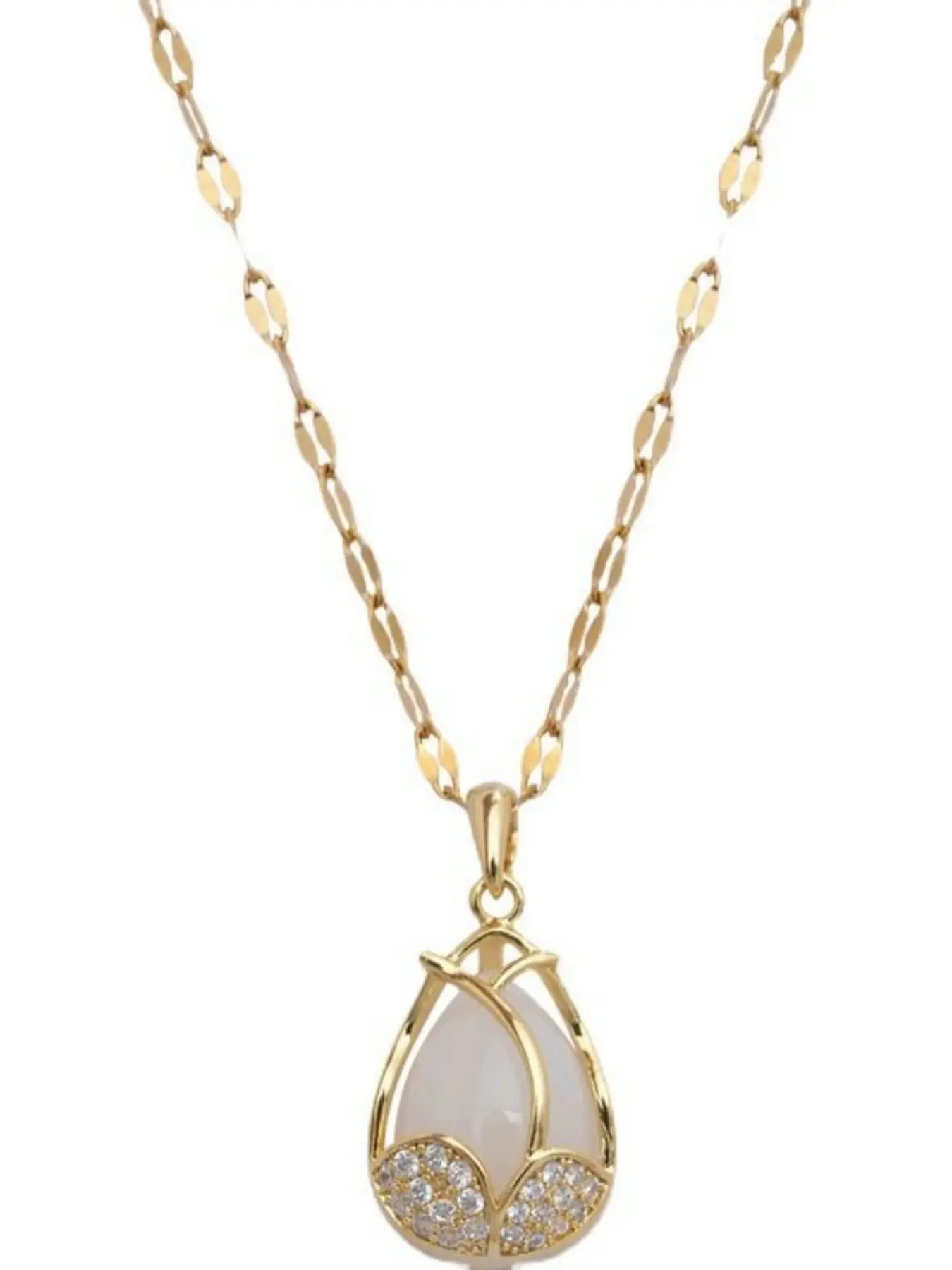 Adjustable 45+5cm Titanium Steel Tulip Pendant Necklace, Metal Plated, Zircon Inlay, Fashionable Daily Wear, Perfect Gift for Friends