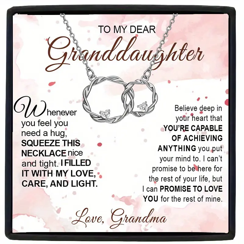 Cubic Zirconia Pendant Necklace for Granddaughter, Exquisite Double Ring Long Chain with Greeting Message Card and Gift Box, Exquisite Chain Jewelry, Includes Card, Unisex, Elegant, Chain Jewelry Necklaces