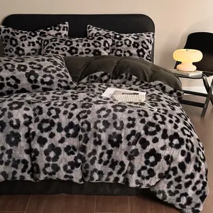 Luxury Faux Rabbit Fur Leopard & Butterfly Decorative Duvet Cover Set, Ultra Soft Solid Color Bedding, Warm All-Season 3 Piece Set (1 Duvet Cover + 2 Pillowcases), Cozy Bedroom/Sofa/Dorm Decor, Perfect Christmas Gift