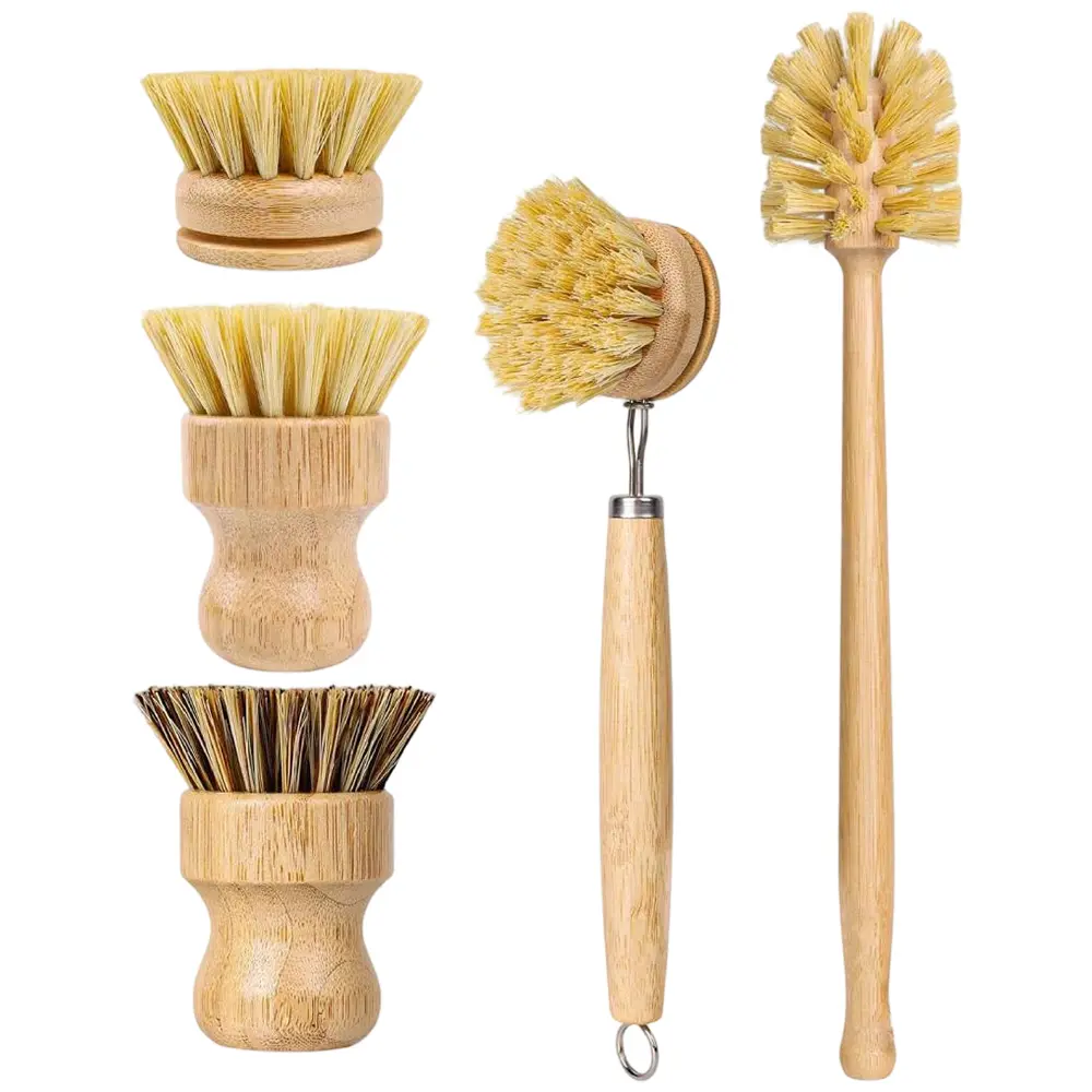 5PCS Bamboo Dish Brush Set, Wooden Dish Brush with 14’’ Bottle Brush, Natural Kitchen Scrub Brush for Dishes Pots, Pans, Sinks, Woks, Vegetables