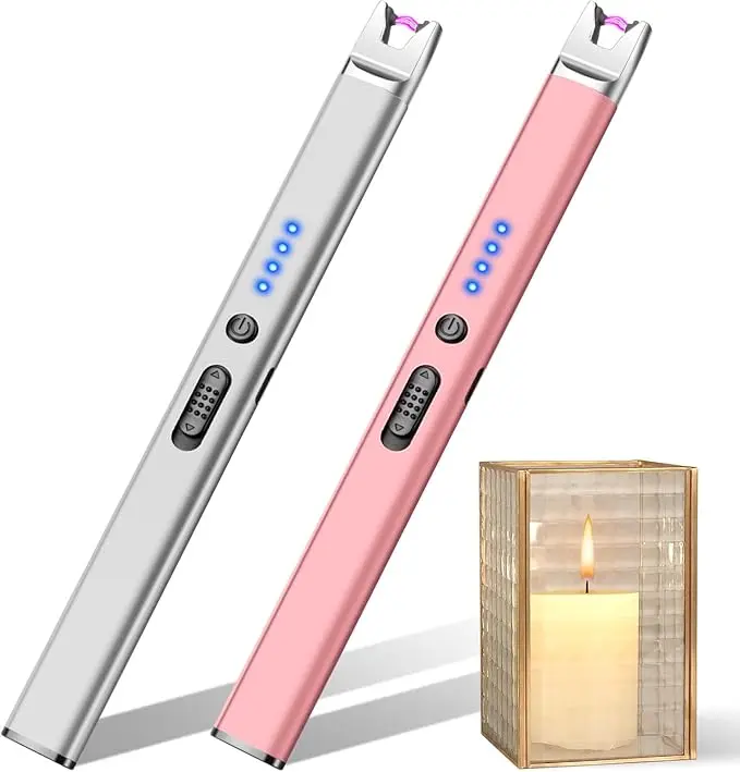 2-Pack Electronic Plasma USB Rechargeable Windproof Candle Lighter, Portable LED Display Home Supplies for Camping, Holiday Use, Silver & Rose Gold Mini Useful Gifts for Mom