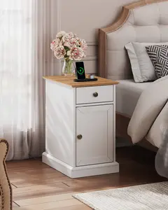 WLIVE End Table with Charging Station, Narrow Side Table for Living Room, Farmhouse Night Stand with Storage Drawer, Small Wooden Nightstand with Concealed Outlets