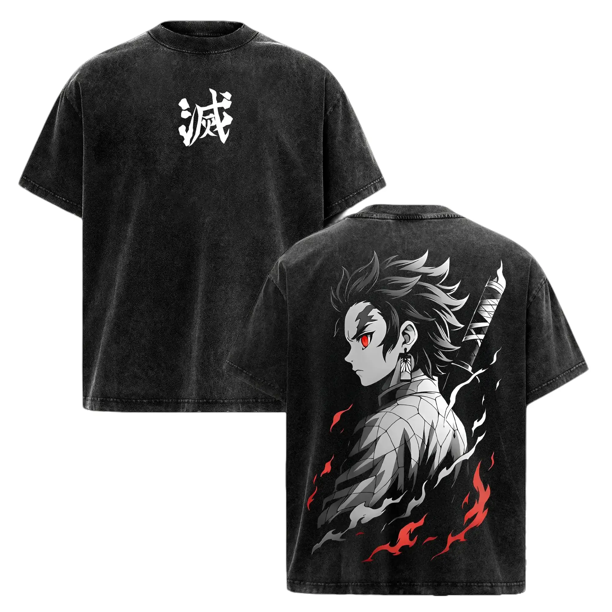 Retro Limited Tanjiro T-Shirt - Demon Slayer Infinity Castle Arc Anime Graphic Tee Oversized Acid Washed Lightweight Cotton Men Shirts Anime Streetwear Casual Menswear Gift for Anime Fans Demon Slayer Merch