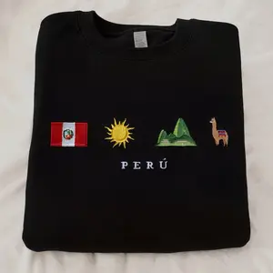 Perú Embroidery Sweatshirt, Cozy, Black, Machu Picchu, Llama, Alpaca, Inca, Inti, Inca Kola, Sun, Lima, Gift, Symbol Stitch Crewneck Unisex
