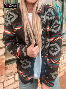 Women's Ethnic Pattern Zip Up Funnel Neck Jacket, Casual Long Sleeve Pocket Outerwear for Winter, Ladies Clothes for Daily Wear Coats Womenswear