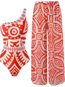 Women's Ethnic Pattern Summer Swimsuit Set, Boho One Shoulder Swim Bodysuit & Elastic Waist Pants Swimwear Set, One Shoulder Swimsuits, 2024 Summer Bathing Suits