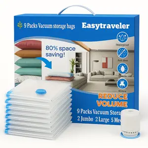 9 Pack Vacuum Storage Bags with Hand Pump, Space Saving Compression Bags Set (2 Jumbo, 2 Large, 5 Medium) – Reduce Volume for Clothes, Bedding & Travel Organization