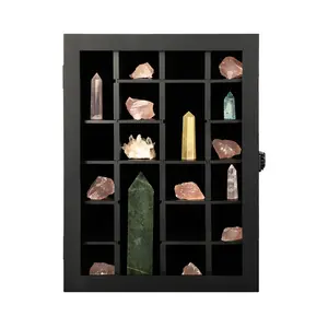 Adjustable Rock Display Case - Wooden Crystal Organizer for Stones Storage - Rock Collection Box with Shelves for Agate Opal Crystal Stone Arrowheads Spear Points Rocks, Small Black