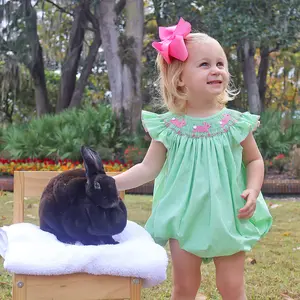 Hop To It Green Bunny Smocked Bubble - Cute Baby and Toddler Girl's Easter Outfit