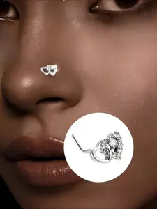 925 sterling Silvery L-shaped nose ring, Nose Piercing Jewelry, cute double heart design, shiny cubic synthetic Synthetic Zirconia, low allergenicity and versatility, perfect for daily wear and music festivals, Valentine's Day gifts | wedding gifts