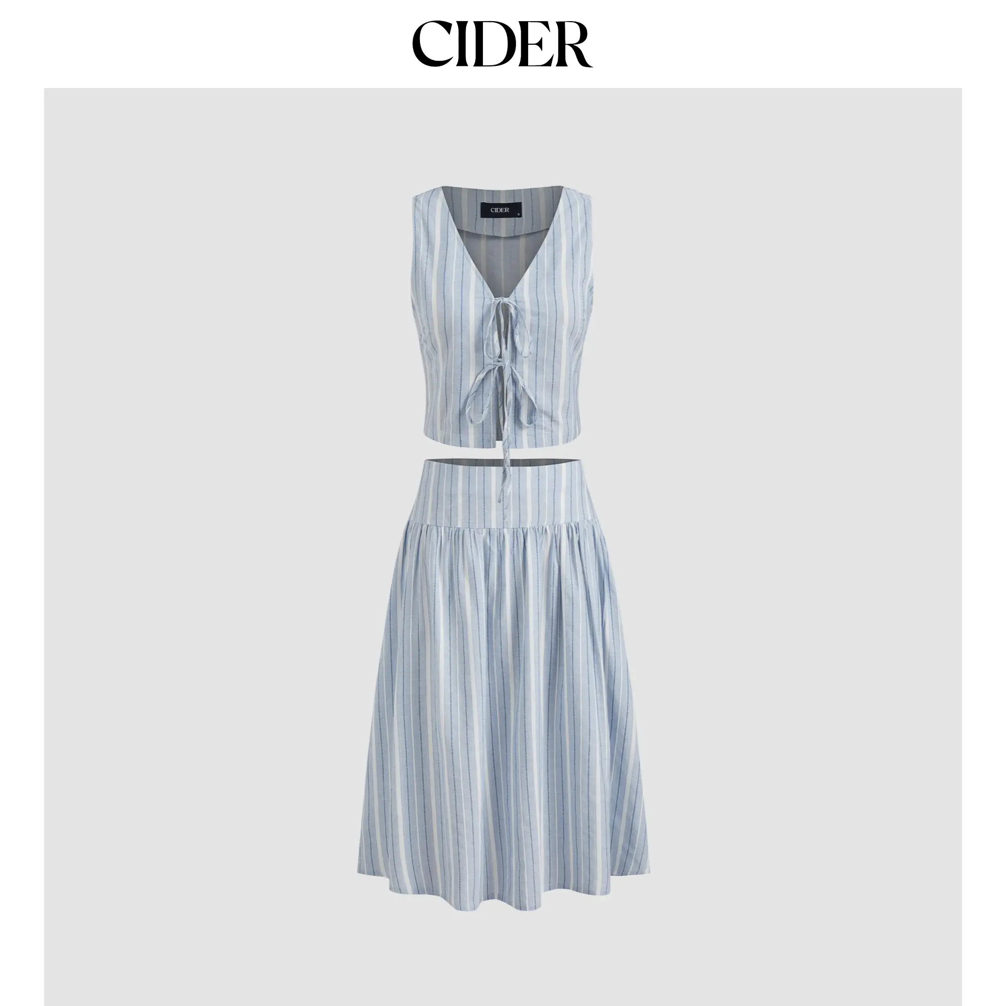 CIDER Women's 2-Piece Striped Set, 0-10 Size V-Neck Tie-Front Crop Vest & Mid-Rise Ruffle Midi Skirt