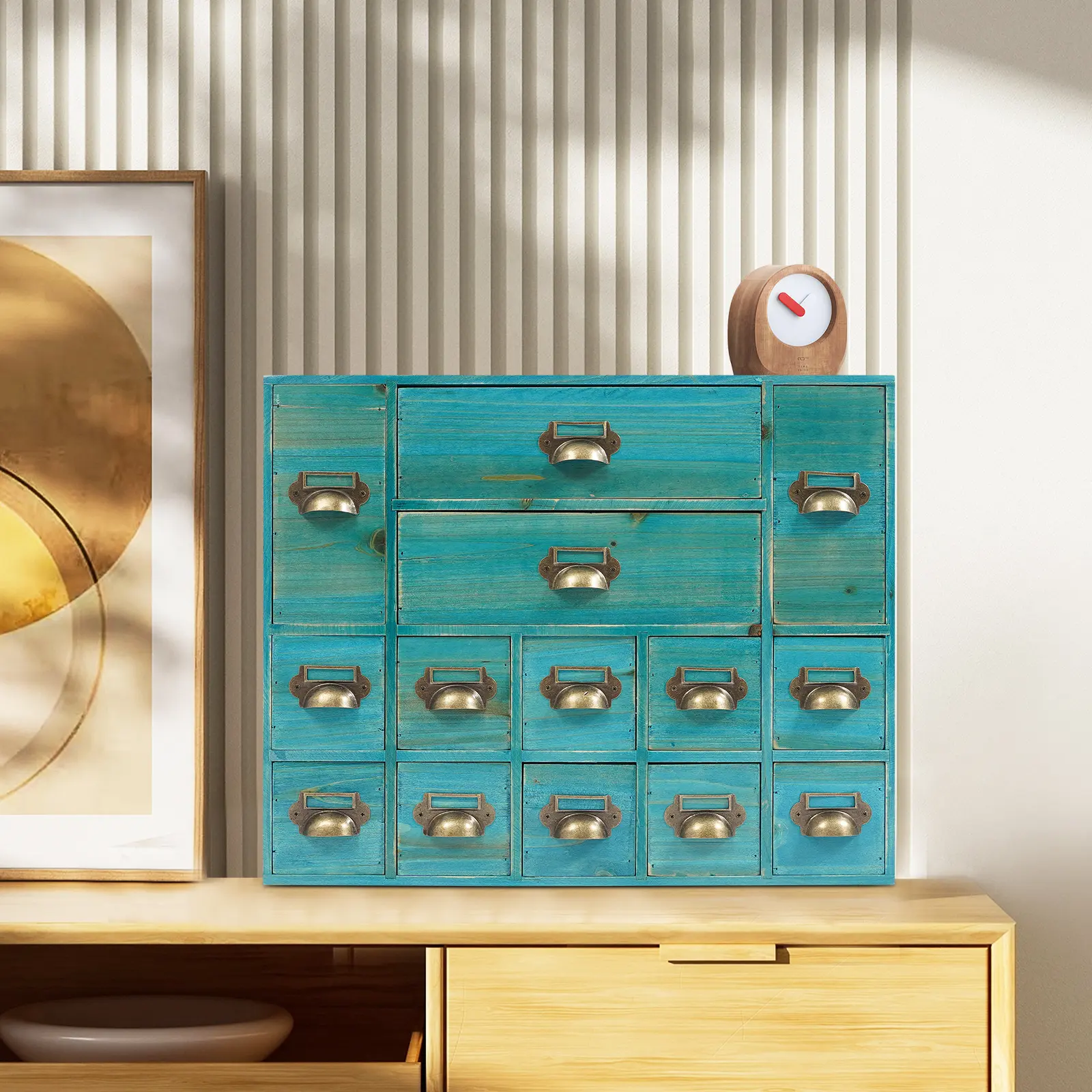 Retro-style 14-drawer storage cabinet, blue ironwood material, freestanding multifunctional storage cabinet suitable for medicines, handicrafts, kitchen items, office supplies, and home organization.