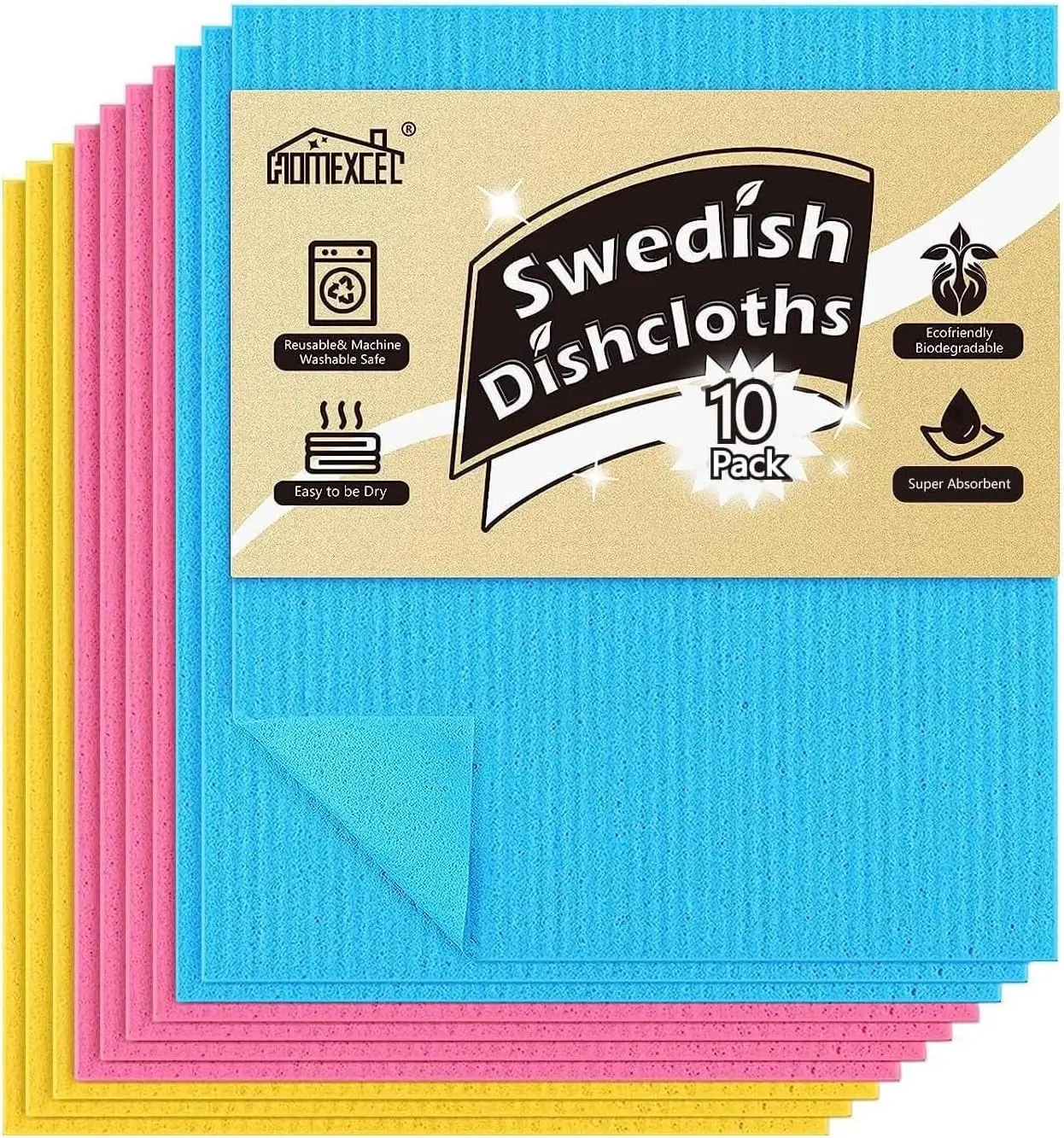 Swedish Dishcloths 10-Pack – Reusable, Absorbent Sponge Cloths for Kitchen Counters & Dishes, Eco Paper Towel Alternative, 3 Assorted Colors.