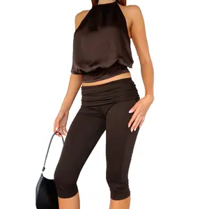 Women Fold Over Waist Skinny Capri Pants Elastic Waist 3/4 Length Cropped Pants Solid Color Stretchy Knee Length Leggings CasualFitted Yoga Pants Cropped Trousers