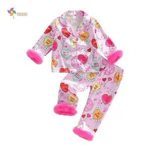 Kids Toddler Girl Satin Pajamas Fuzzy Trim Long Sleeve Button Down Shirt Top And Pants 2pcs Pjs Sets Sleepwear