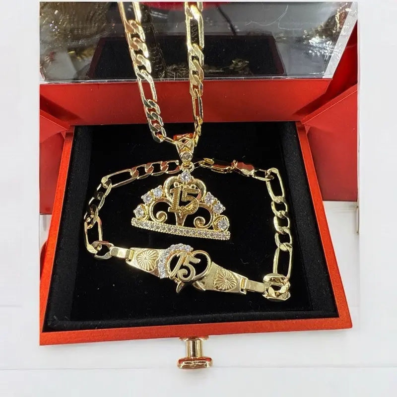 15th Birthday Set Necklace & Bracelet 18K Gold Plated with Cubic Zirconia Elegant Gift for Special Occasions