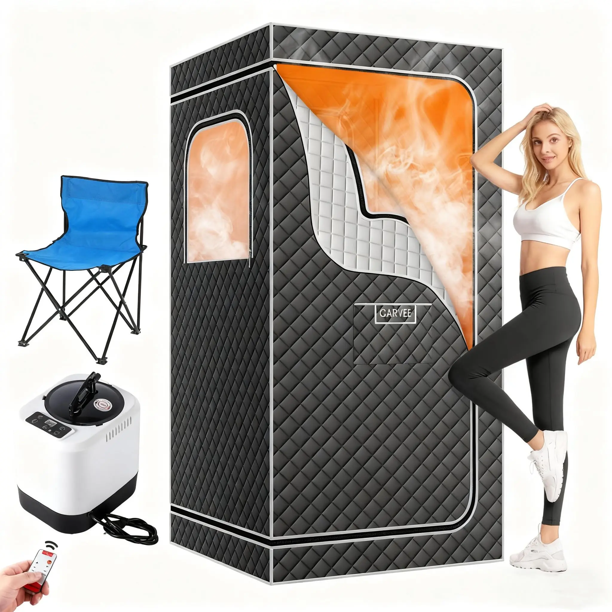 GARVEE Portable Sauna Box for Home Use with 4L 1500W Steamer, Foldable Steam Sauna Tent Featuring 600D Oxford Material, Explosion-Proof Zipper, 99-Minute Timer for Relaxing Home Spa Experience