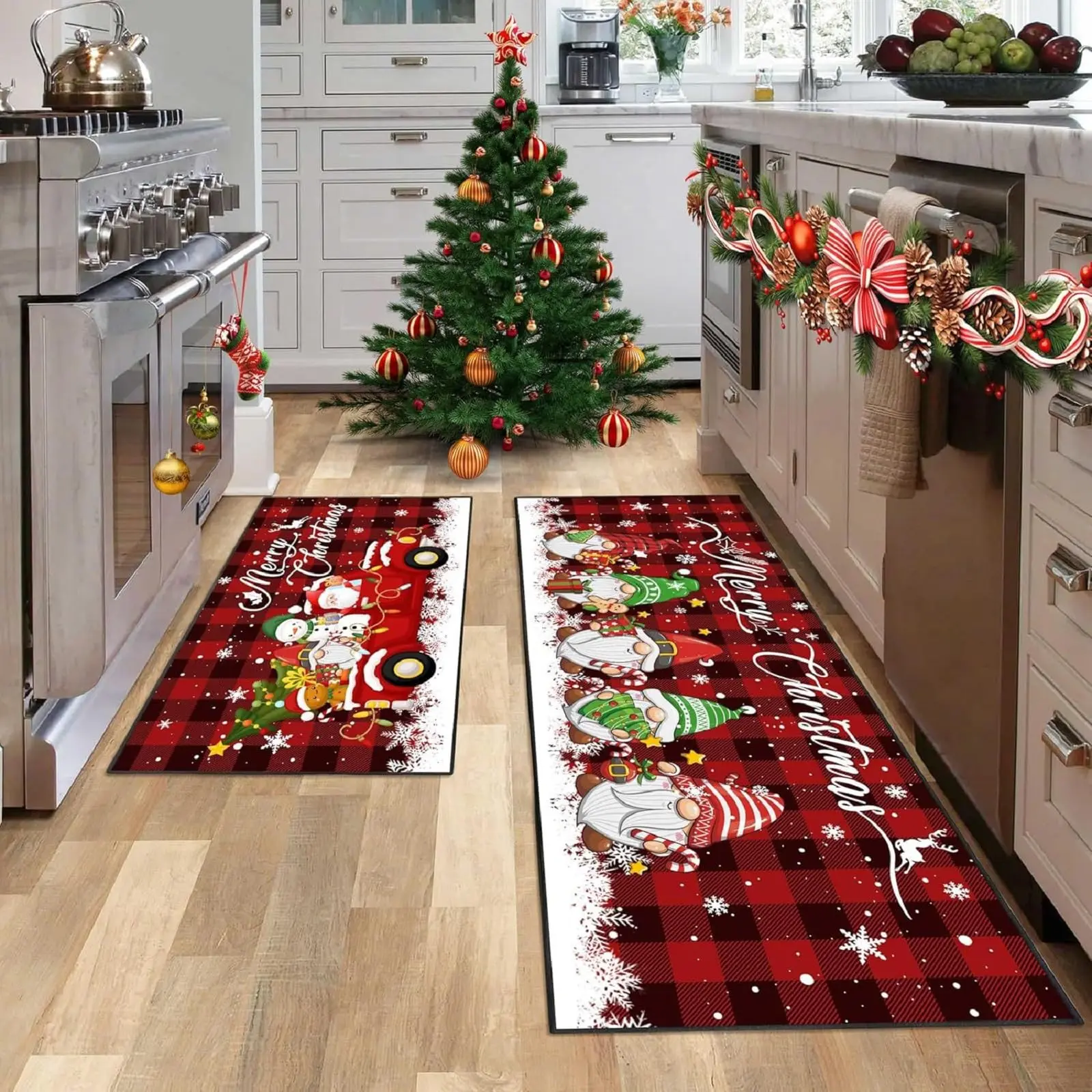 2 PCS Christmas Kitchen Mat Set Merry Xmas Indoor Floor Mats for Decorations Santa Gnome, Truck, Snowflake, Plaid Stripes Designs, Quick-Drying Xams Washable Rug for Home Bathroom, Hallway, Christmas Home Decor Rugs